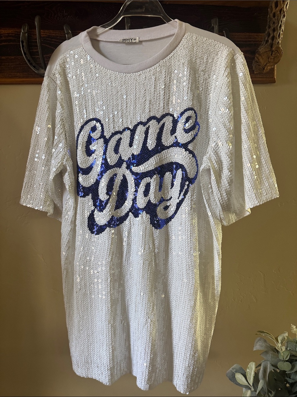 Sequin "Game Day" Graphic Dress White with Blue Script